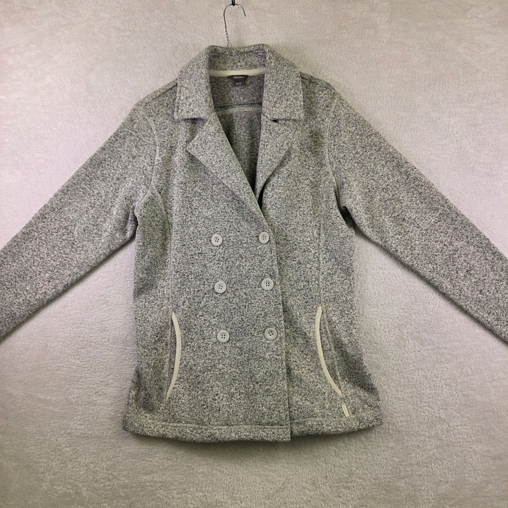 Eddie Bauer Womens Grey Marl Fleece Double Breasted Jacket Large Notch Lapel